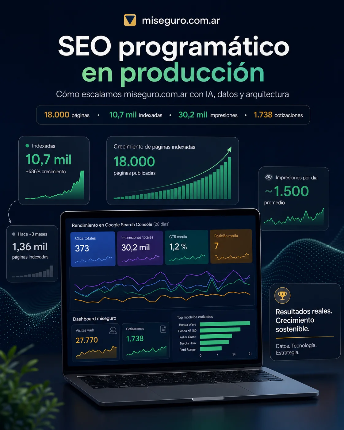 SEO programático en producción, el caso miseguro.com.ar: 18.000 páginas, 10.700 indexadas, 30.200 impresiones y 1.738 cotizaciones
